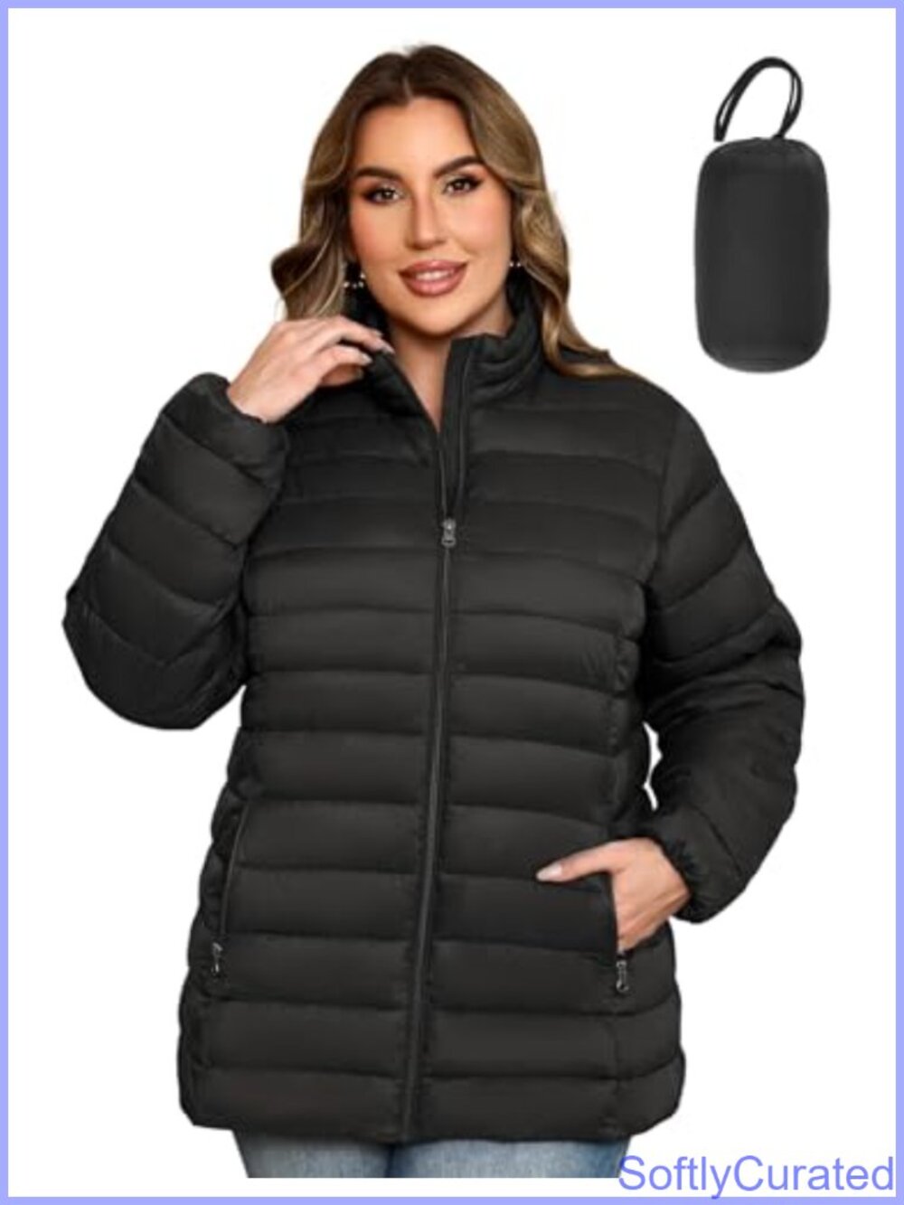 Plus Size Packable Puffer Jacket Lightweight Warm Windproof Zip Coat
